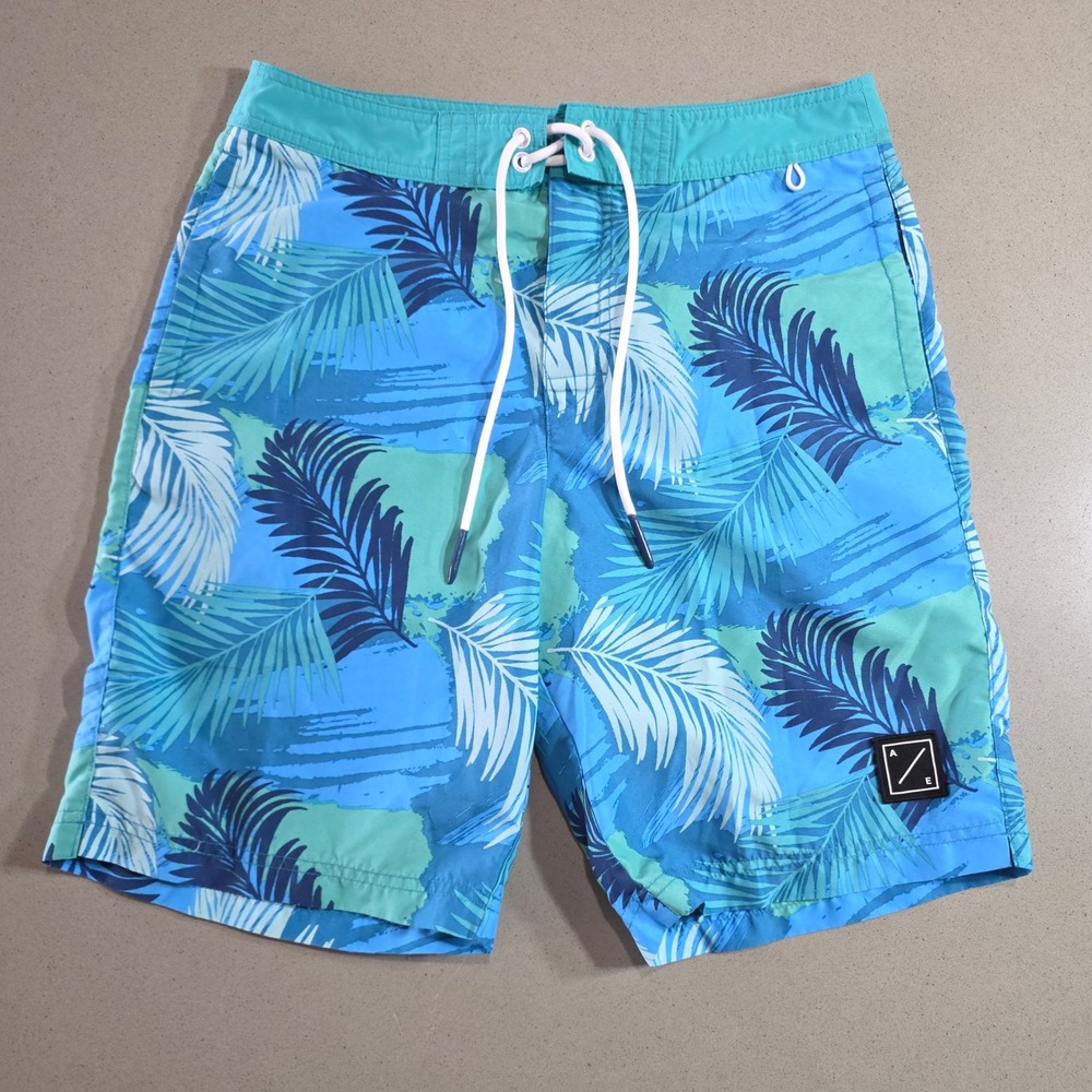 American Eagle Mens Blue Tropical Palm Leaf Print Swim Trunks Size S Small